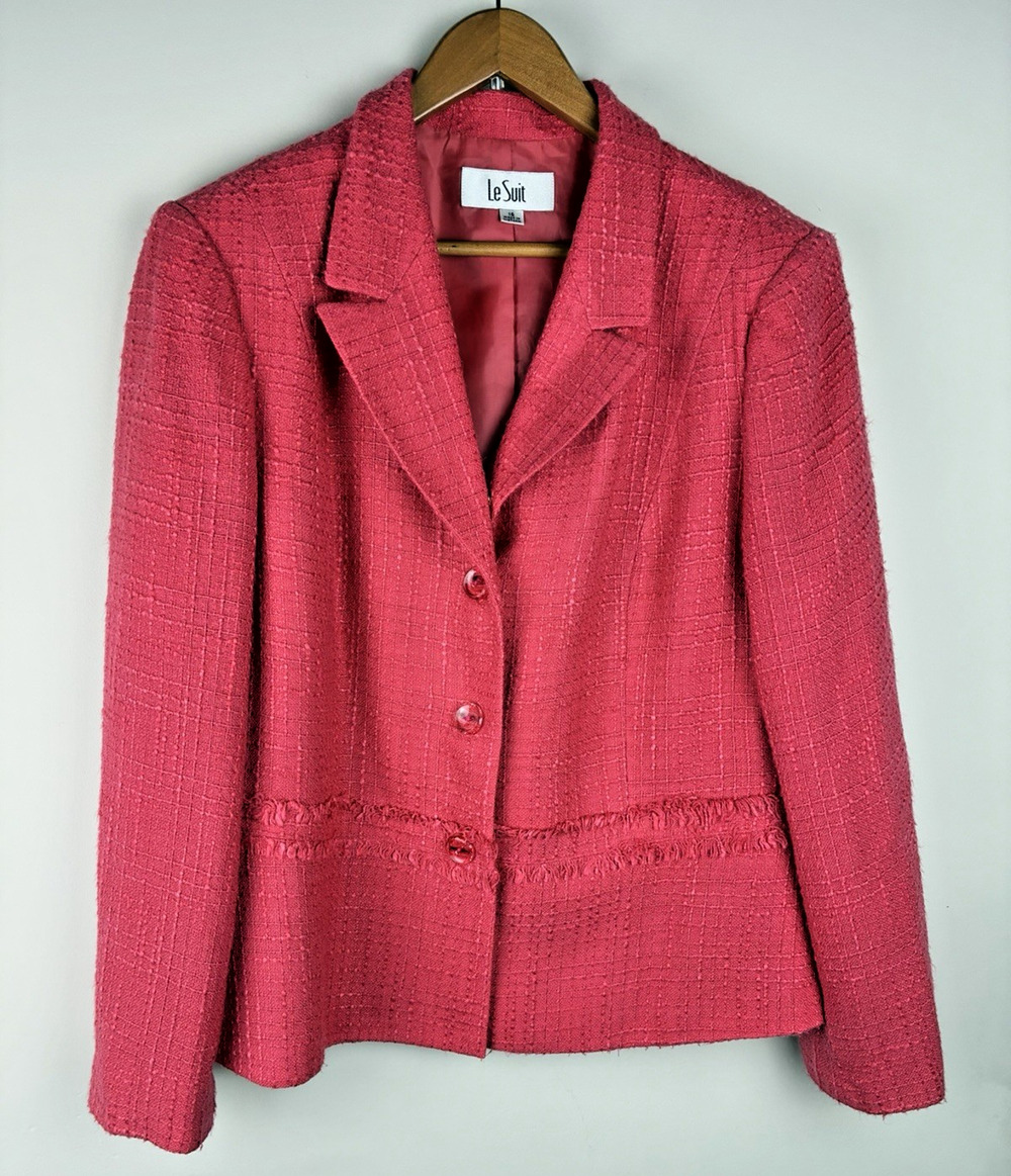 Le Suit Women’s 16 Pink Tweed Blazer Jacket Textured Fringe Trim Career Feminine